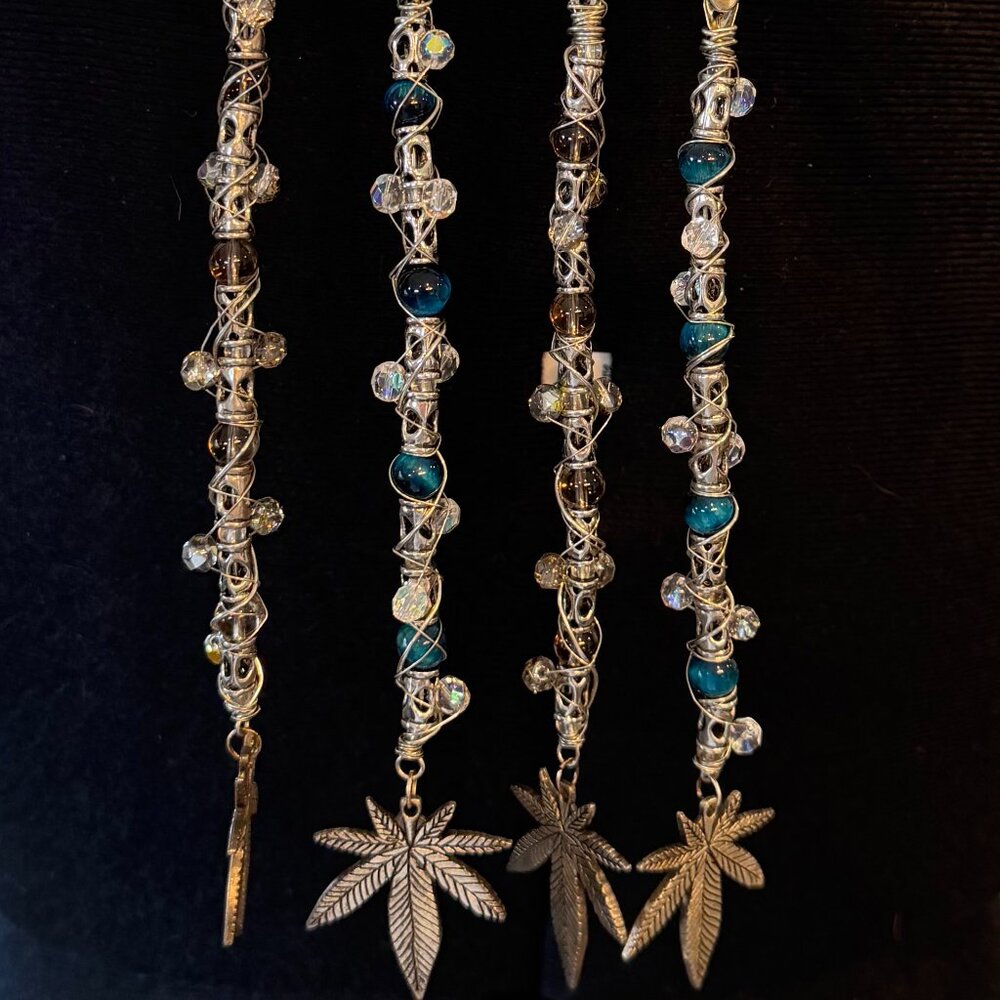 Boho Crystal Beaded Card Clip ID Badge Holder Leaf Charm Handmade